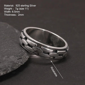 Real S925 Sterling Silver Spinner Rings Irregular Chain Design Retro Punk Style For Men Rotatable Index Finger Ring - GQTORCH Jewelry