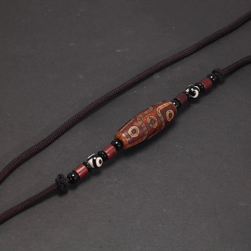 Natural Tibetan Onyx 3 Eyes Dzi Pendant Necklace Adjustable Rope Chain Choker Necklace For Women And Men Buddhism Jewelry - GQTORCH Jewelry