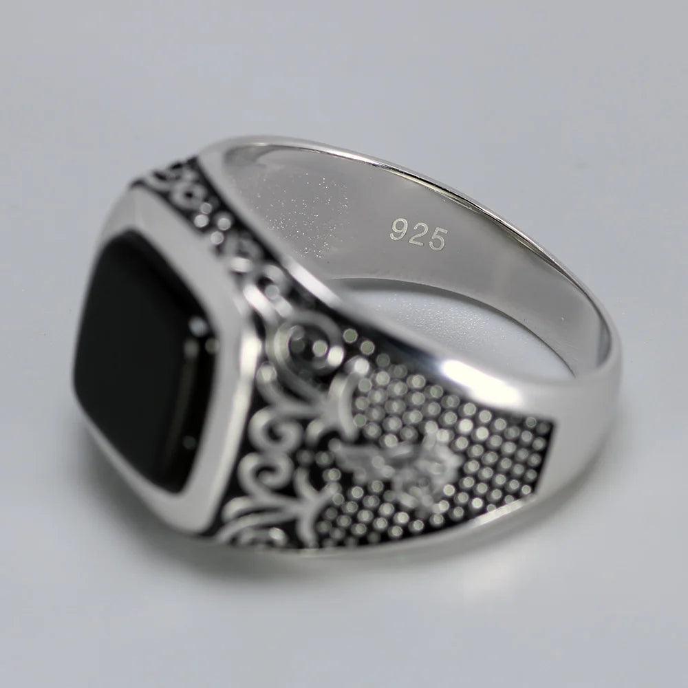 Vintage Punk Silver 925 Jewelry Square Black Stone Rings For Men Engraved Retro Flowers Turkish Signet Man Rings - GQTORCH Jewelry