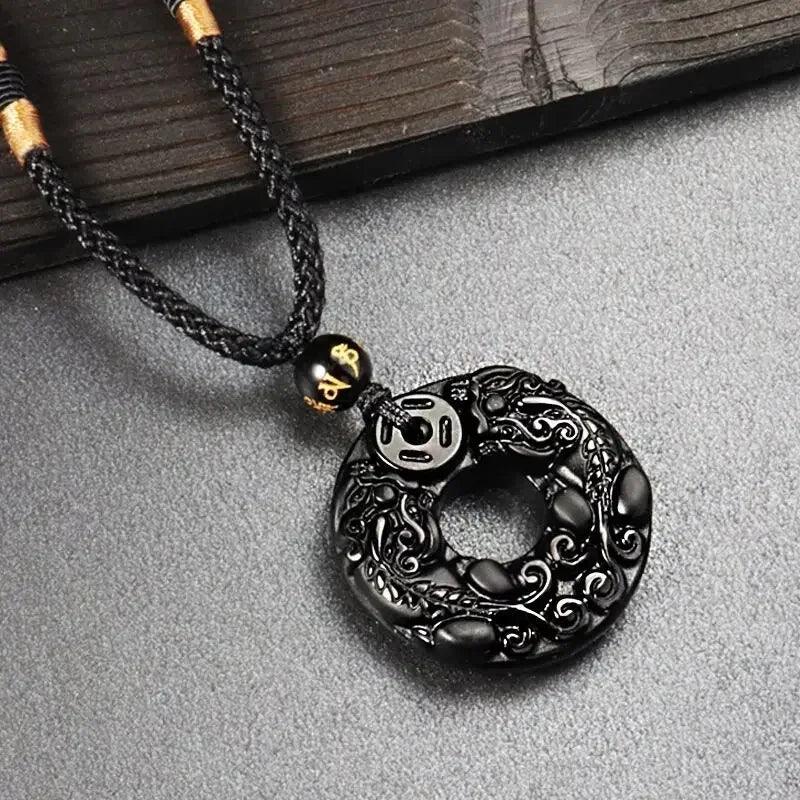 Natural Black Obsidian Onyx Pendant Necklace Lucky Amulets for Men and Women With Rope Chain - GQTORCH Jewelry