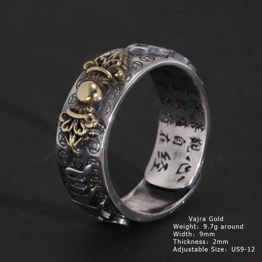 Vintage Pure Silver 999 Six Words Heart Sutra Ring Men's Adjustable Golden Pixiu Vajra Buddhist Religious Fine Jewelry