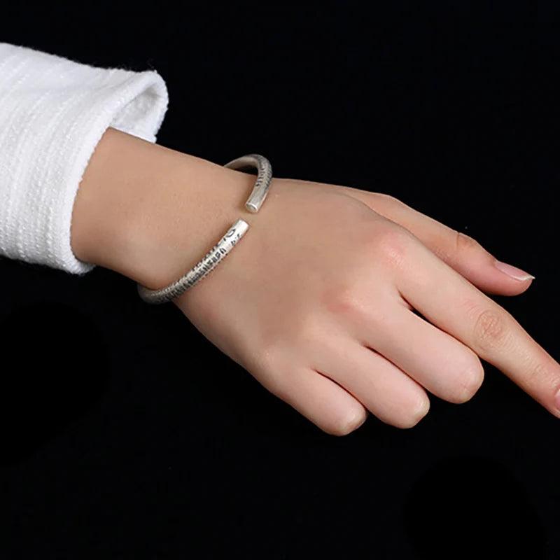 999 Pure Silver Bangles for Women Heart Sutra Buddhist Scriptures Engraved Mother Lover Gift Fine Sterling Silver Jewelry - GQTORCH Jewelry