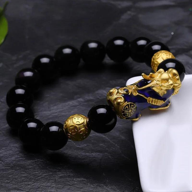 Natural Yellow Tiger Eye Black Onyx Beads Bracelet With Temperature Change Color Lucky Pixiu Brave Troops Fengshui Jewelry - GQTORCH Jewelry