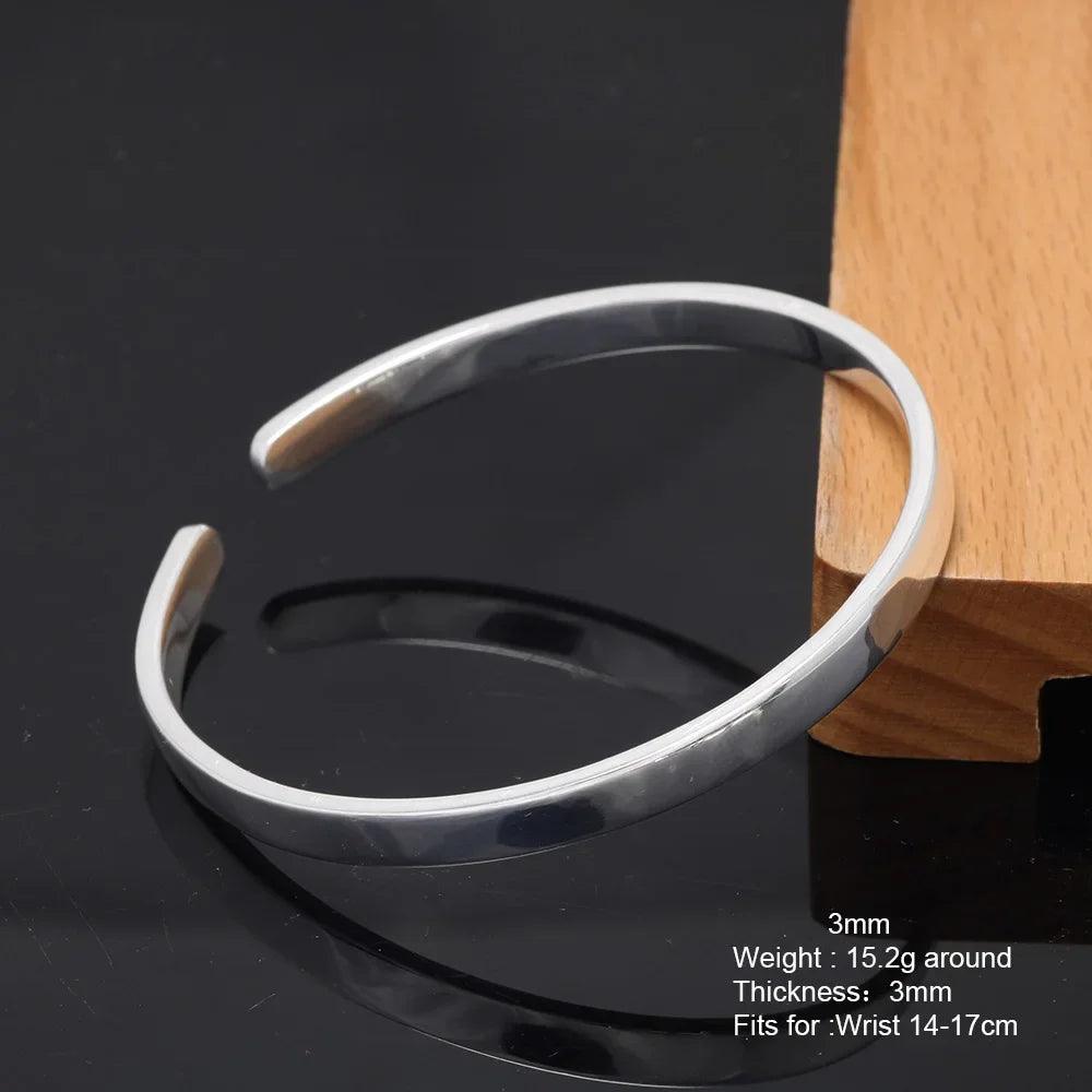 Real 999 Sterling Silver Simple Smooth Cuff Bracelet Men and Women Shining Craft Couple Bangle Minimalism Jewelry - GQTORCH Jewelry