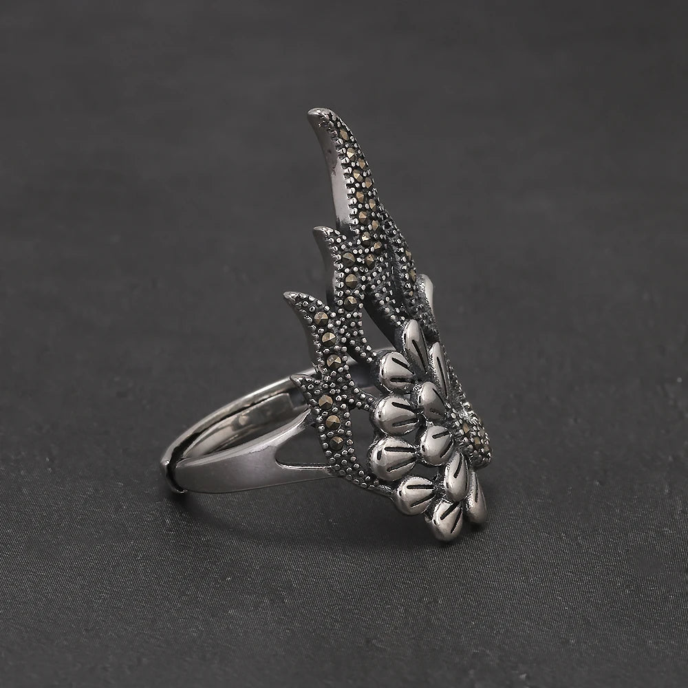 925 Sterling Silver Vintage Peacock Ring for Women Micro Inlaid Hematite Ethnic Style Party Jewelry Gift for Lady Mom