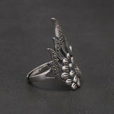 925 Sterling Silver Vintage Peacock Ring for Women Micro Inlaid Hematite Ethnic Style Party Jewelry Gift for Lady Mom