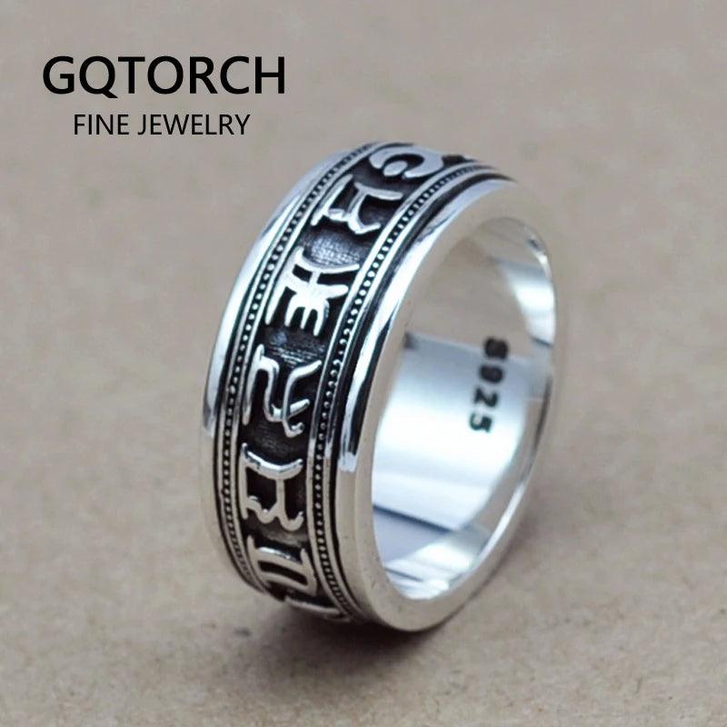 Pure 925 Sterling Silver Spinner Six Words Mantra Rings For Men And Women Rotatable Vintage Style Om Mani Padme Hum FIne Jewelry - GQTORCH Jewelry