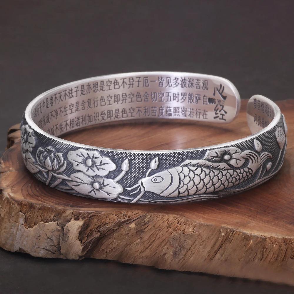 999 Pure Silver Buddhist Fish Lotus Bracelet Heart Sutra Engraved Open Cuff Bangle Vintage Adjustable Handmade Spiritual Jewelry - GQTORCH Jewelry