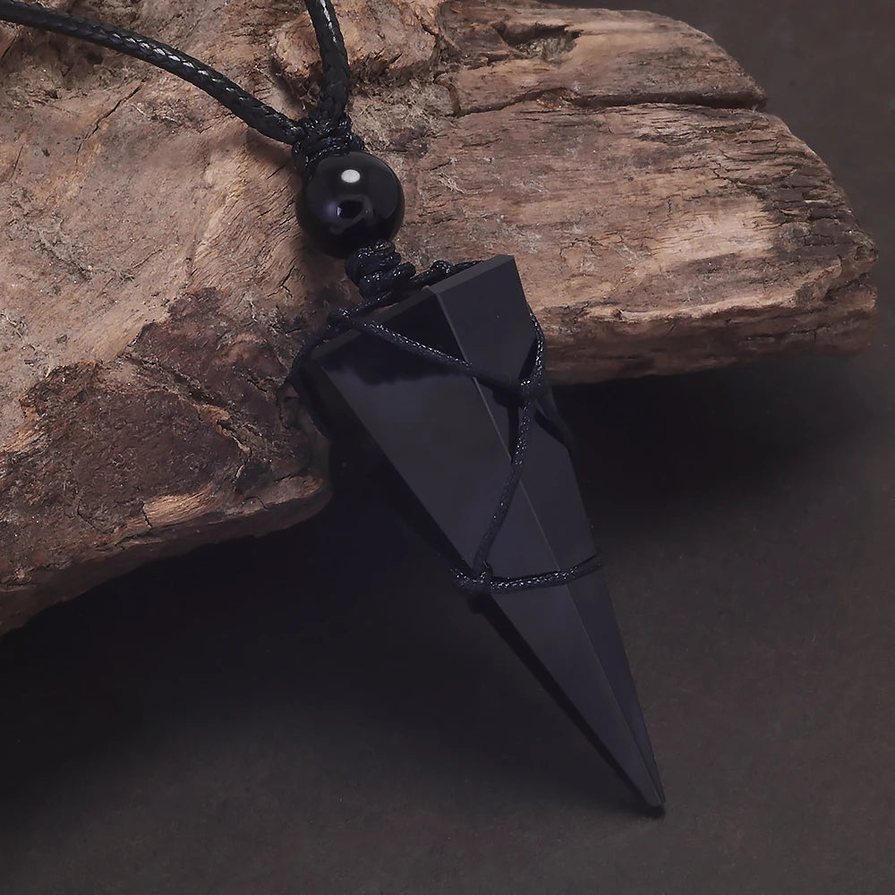 Natural Stone Geometric Pendant Necklace for Men Black Obsidian Blue Sandstone Adjusted Leather Rope Retro Vintage Jewelry