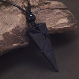 Natural Stone Geometric Pendant Necklace for Men Black Obsidian Blue Sandstone Adjusted Leather Rope Retro Vintage Jewelry