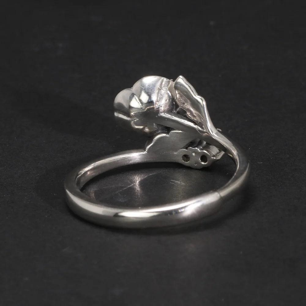 Real 925 Sterling Silver Jewelry Rose Flower Rings For Women With Black Zircon Stone Adjustable Wedding Rings For Women - GQTORCH Jewelry