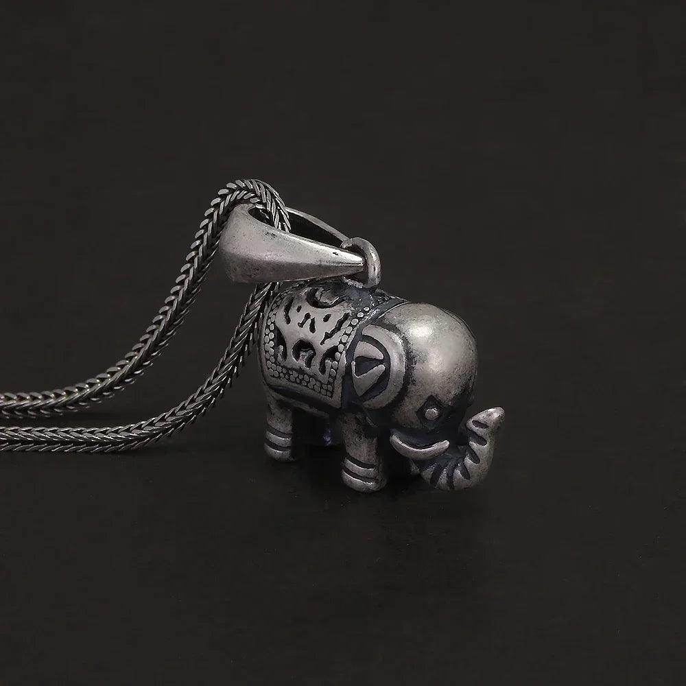 Solid 990 Fine Silver Antiqued Elephant Pendant Necklace for Men Women Punk Retro 925 Sterling Silver Chain Necklace Y2k Jewelry - GQTORCH Jewelry