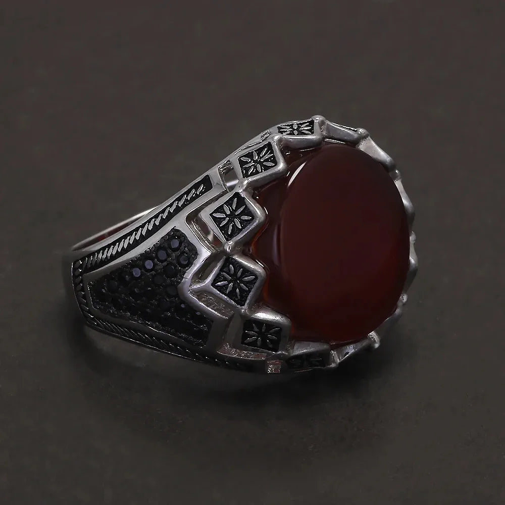 925 Sterling Silver Black Stone Onyx Signet Ring for Men Micro Inlaid Zircon Red Green Agate Ring Luxury Vintage Turkey Jewelry