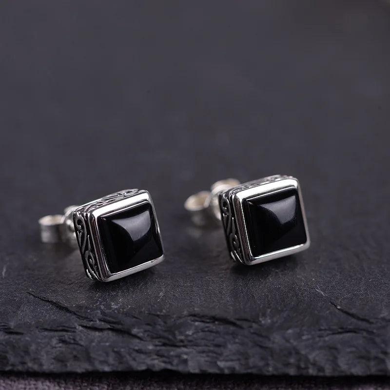 S925 Sterling Silver Vintage Craft Black Agatestud Earrings Women Simple Square Zircon Earrings Thai Silver Jewelry - GQTORCH Jewelry