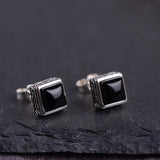 S925 Sterling Silver Vintage Craft Black Agatestud Earrings Women Simple Square Zircon Earrings Thai Silver Jewelry - GQTORCH Jewelry