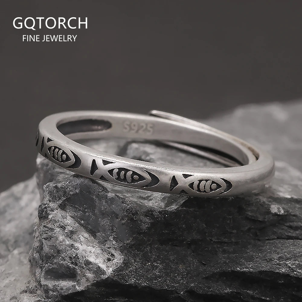 S925 Sterling Silver Fish Ring for Women Girl Adjustable 2mm Ethnic Style Vintage Lucky Ring Trendy Animal Jewelry Birthday Gift
