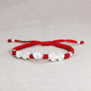 Real 925 Sterling Silver Double Pixiu With Ingot Tibetan Handmade Knots Lucky Red Rope Bracelet For Men And Women Amulet Jewelry - GQTORCH Jewelry