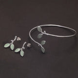 925 Sterling Silver Leaf Open Cuff Bracelet Earrings with Opal Jewelry Set for Girl Women Vintage Elegant Trendy Style