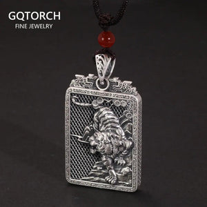 Vintage Punk Sterling Silver 999 Tiger Pendant Necklace with Adjustable Rope for Male and Female Zodiac Jewelry - GQTORCH Jewelry
