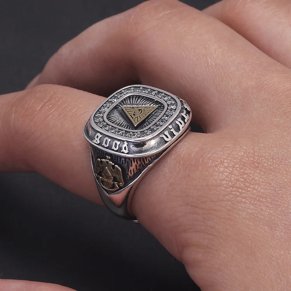 925 Sterling Silver Retro Eye of Providence Signet Ring for Men All Seeing Eyes Rings Punk Fashion Protective Jewelry