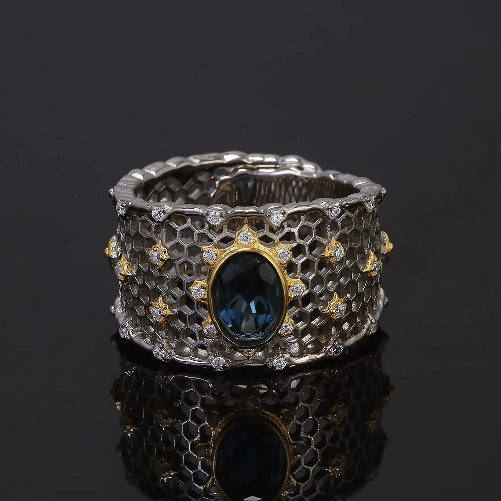 925 Sterling Silver Topaz Stone Women's Wedding Ring Wide Adjustable Hollow Out Luxury Royal Style Vintage Fashion Jewelry