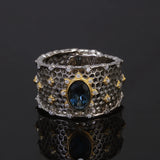 925 Sterling Silver Topaz Stone Women's Wedding Ring Wide Adjustable Hollow Out Luxury Royal Style Vintage Fashion Jewelry