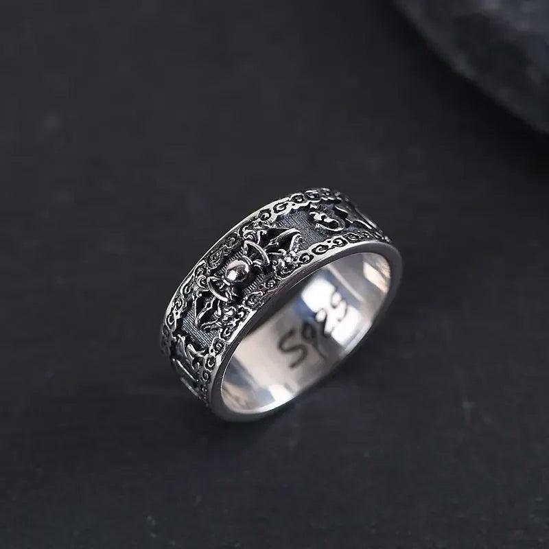 S925 Silver Vintage Thai Silver Ring Wholesale Men and Women Ethnic Style Six-character Mantra Vajra Ring - GQTORCH Jewelry
