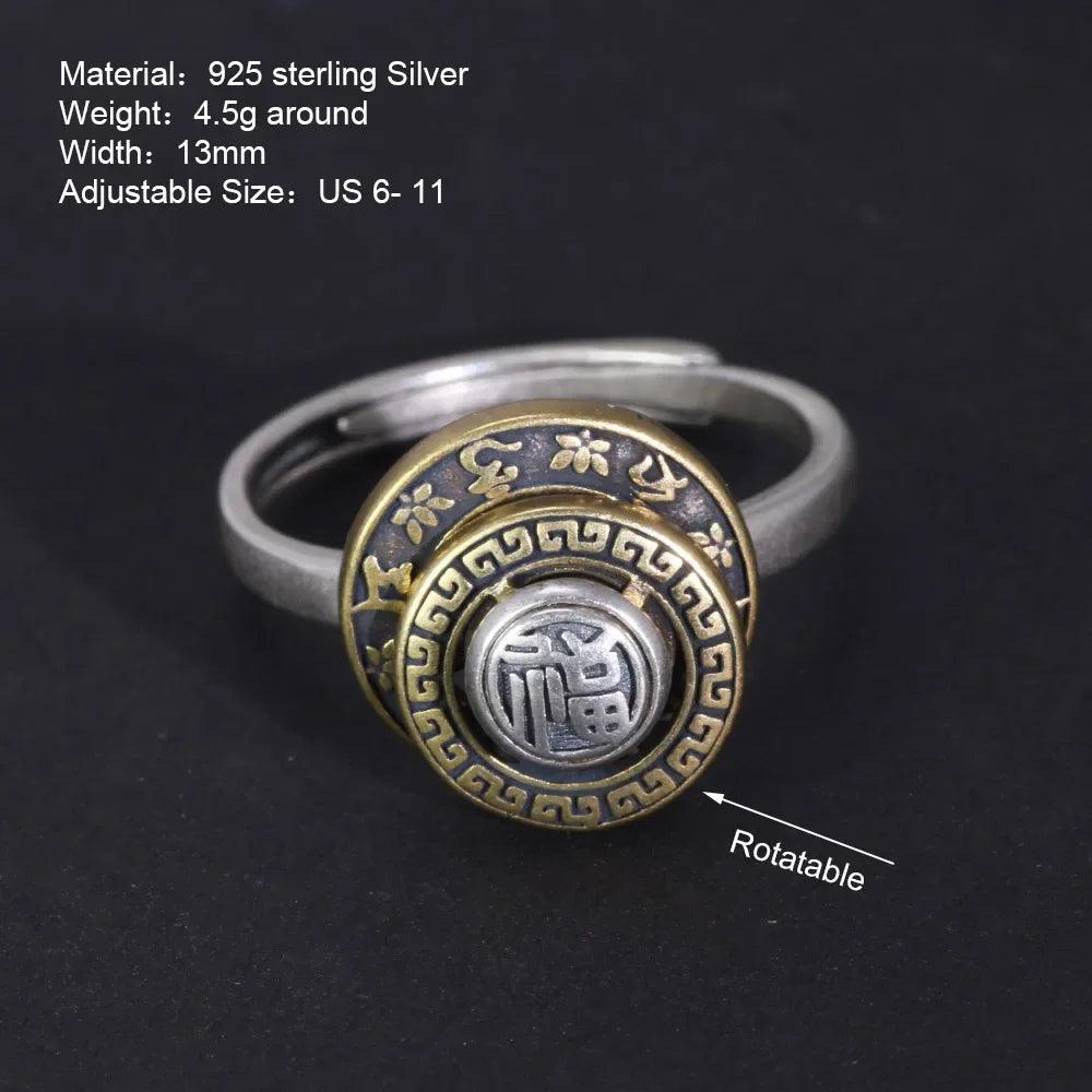 100% 925 Silver Retro Tibetan Prayer Wheel Buddha Adjustable Ring for Men and Women OM Datura Rotatable Religious Jewelry - GQTORCH Jewelry