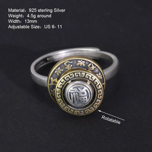 100% 925 Silver Retro Tibetan Prayer Wheel Buddha Adjustable Ring for Men and Women OM Datura Rotatable Religious Jewelry - GQTORCH Jewelry