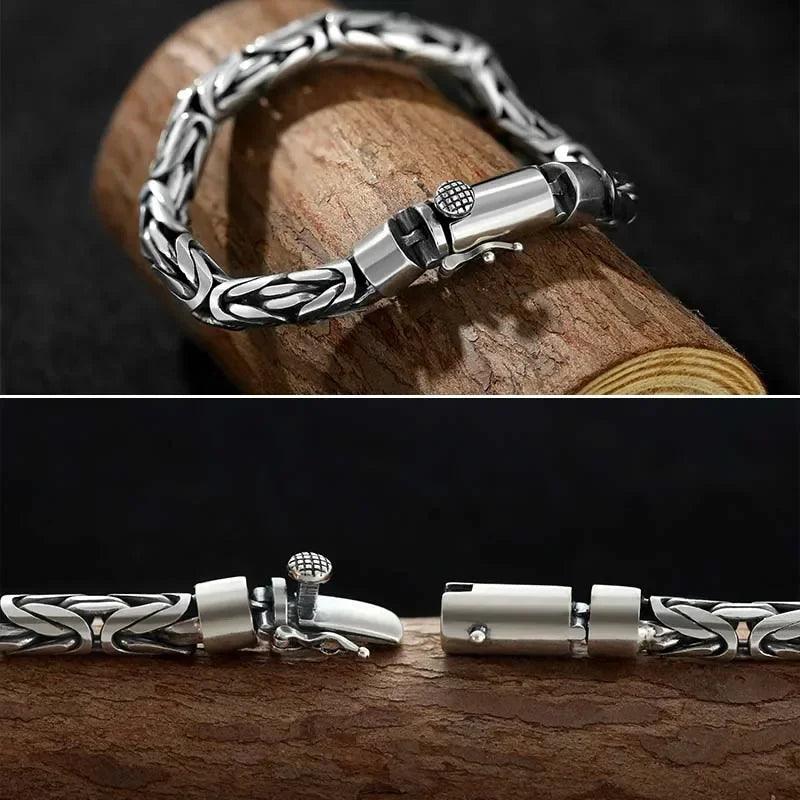 Sterling Silver 925 Viking Bracelet for Men Handmade Peace Pattern Thick Safe Toggle Buckle Hand-woven Chain - GQTORCH Jewelry