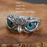 Real 925 Sterling Silver Demon Eye Owl Ring For Women Girl Lovers Retro Animal Open Adjustable Ring Statement Ring Jewelry Gift - GQTORCH Jewelry