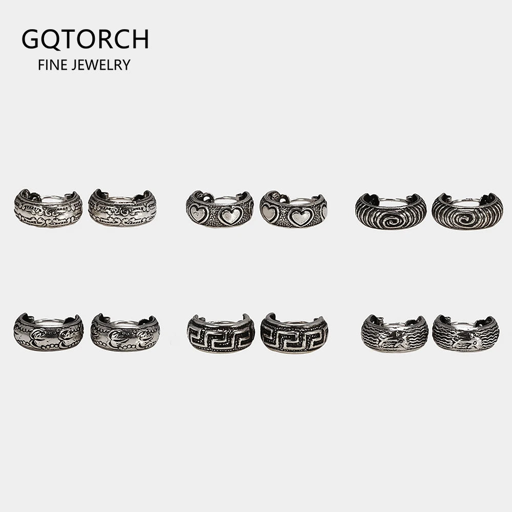 Real 925 Sterling Silver Retro Hoop Earrings for Women Men Geometric Heart Wheat Leaf Whale Vintage Punk Rock Ear Jewelry Gift