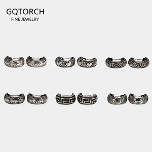 Real 925 Sterling Silver Retro Hoop Earrings for Women Men Geometric Heart Wheat Leaf Whale Vintage Punk Rock Ear Jewelry Gift