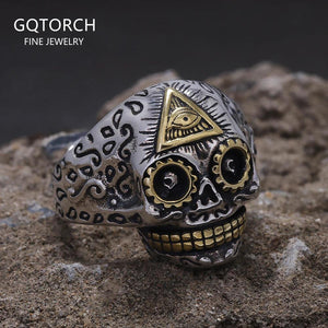 S925 Sterling Silver Punk Retro All-Seeing Eye Skull Ring for Women Eye of Providence Men‘s Pinky Ring Cool Biker Jewelry - GQTORCH Jewelry