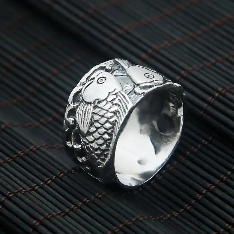 Real 925 Sterling Silver Jewelry Engraved Double Carp Fish Rings For Women and Men Lovers Couples Gift - GQTORCH Jewelry