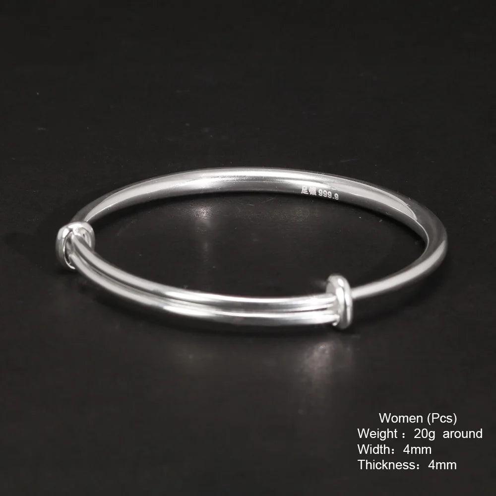 Solid 999 Sterling Silver Simple Push-pull Bracelet Women and Kids Smooth Minimalist Jewelry First Birthday Gift - GQTORCH Jewelry