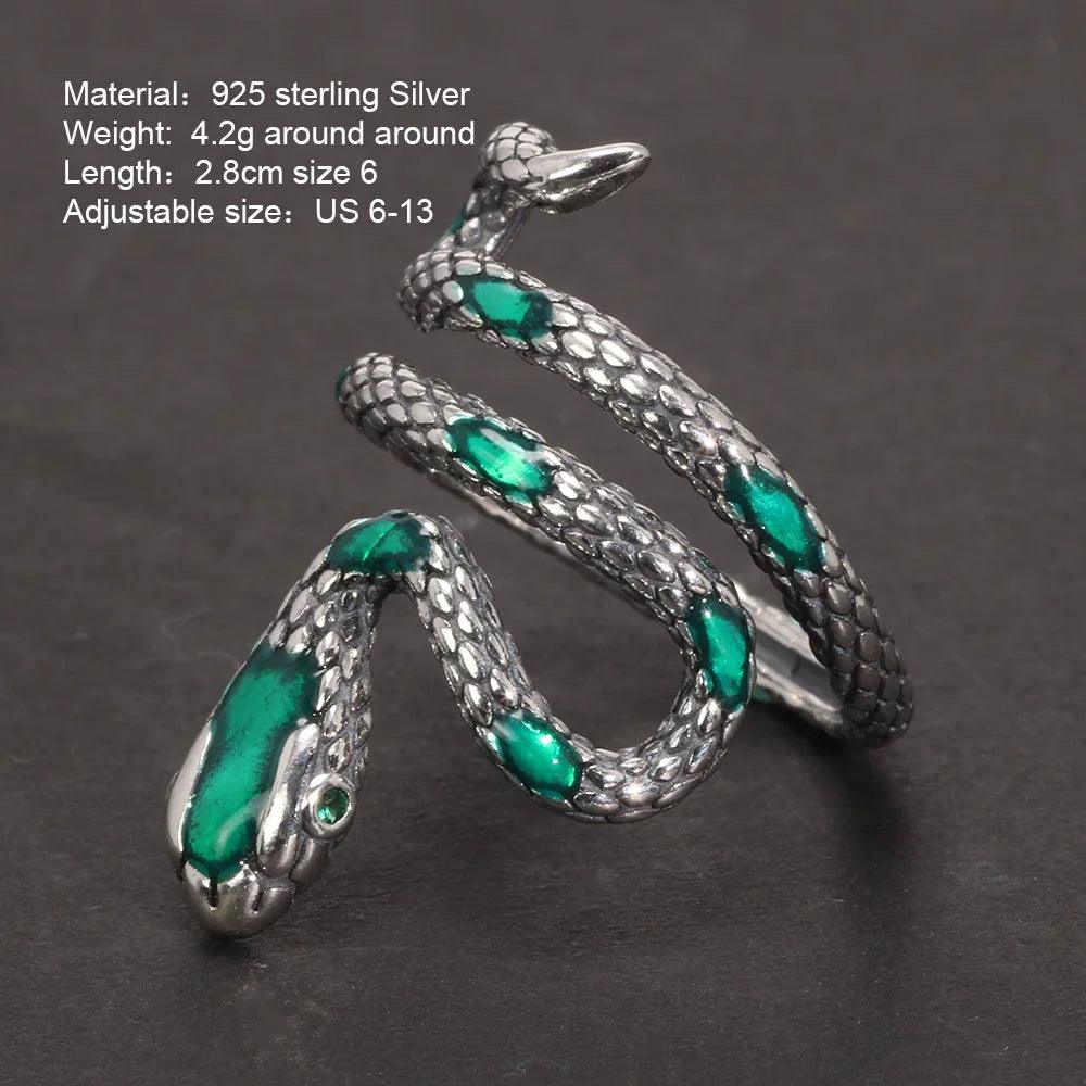 S925 Sterling Silver Snake Rings For Women with Green Zircon Stone Antique Punk Adjustable Animal Jewelry - GQTORCH Jewelry