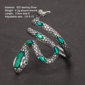 S925 Sterling Silver Snake Rings For Women with Green Zircon Stone Antique Punk Adjustable Animal Jewelry - GQTORCH Jewelry