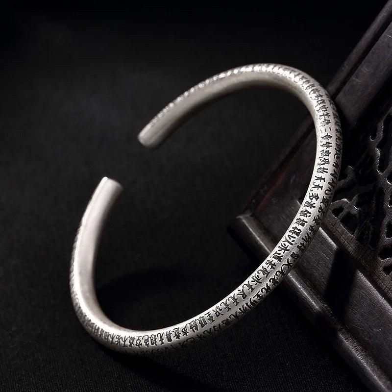 999 Pure Silver Bangles for Women Heart Sutra Buddhist Scriptures Engraved Mother Lover Gift Fine Sterling Silver Jewelry - GQTORCH Jewelry