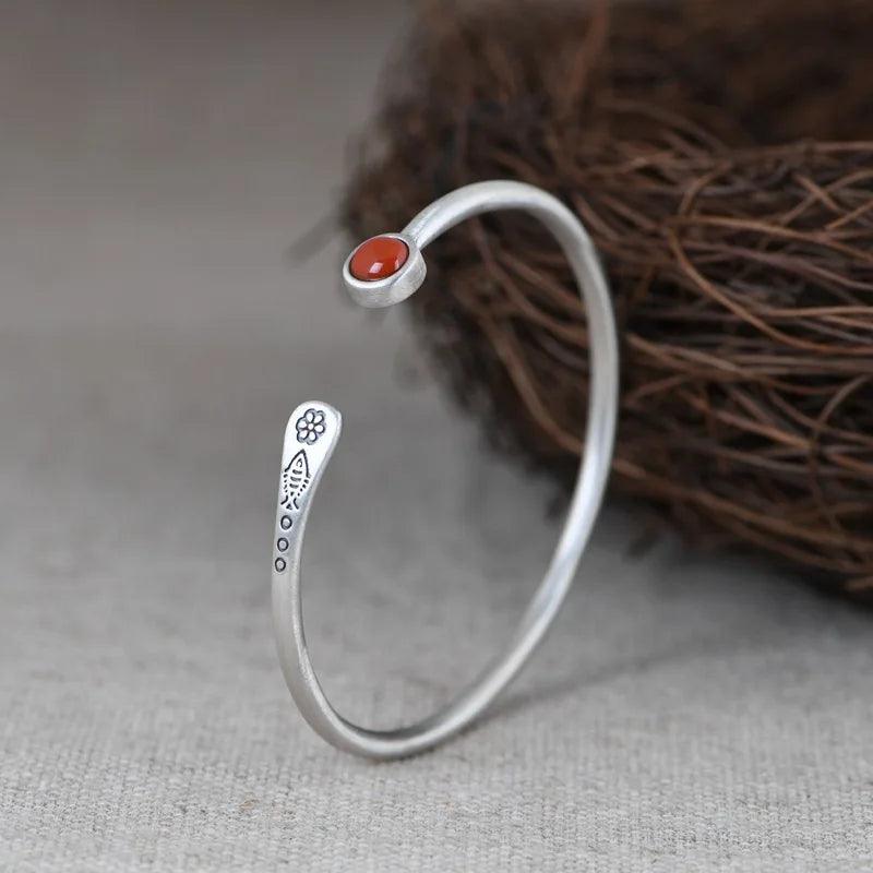 Real 925 Sterling Silver Women Cuff Bracelets Bangle Fish Engraved Natural Lapis Inlaid Tibetan Buddhism Jewelry - GQTORCH Jewelry