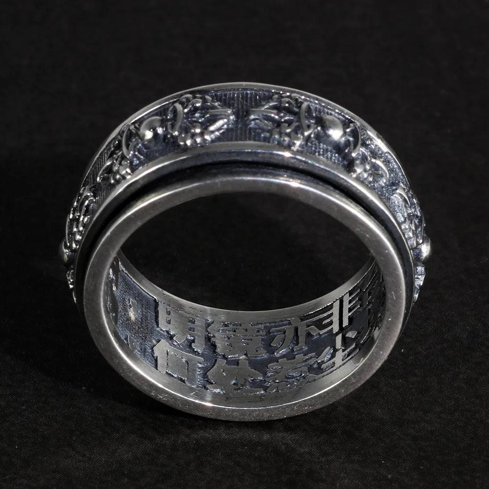 Real 925 Sterling Silver Vajry Rings For Men 10mm Rotatable Shift Luck Scriptures Engraved Tibetan Buddhist Jewelry - GQTORCH Jewelry