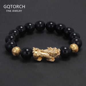 10mm 12mm Pixiu Charm Natural Stone Beads Bracelet for Men Black Onyx Tiger Eye Black Obsidian Vintage Fengshui Luck Jewelry