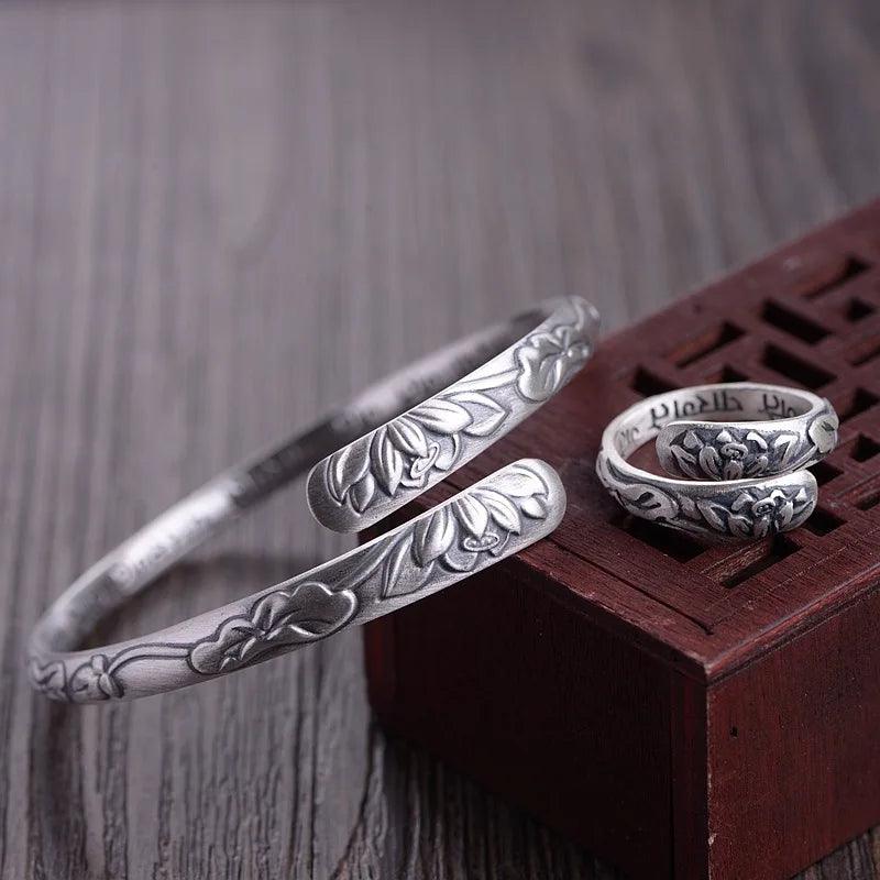 Real Pure 999 Sterling Silver Lotus Cuff Bracelet For Women Flower Engraving Buddhist Jewelry - GQTORCH Jewelry