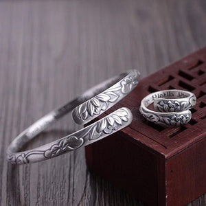 Real Pure 999 Sterling Silver Lotus Cuff Bracelet For Women Flower Engraving Buddhist Jewelry - GQTORCH Jewelry