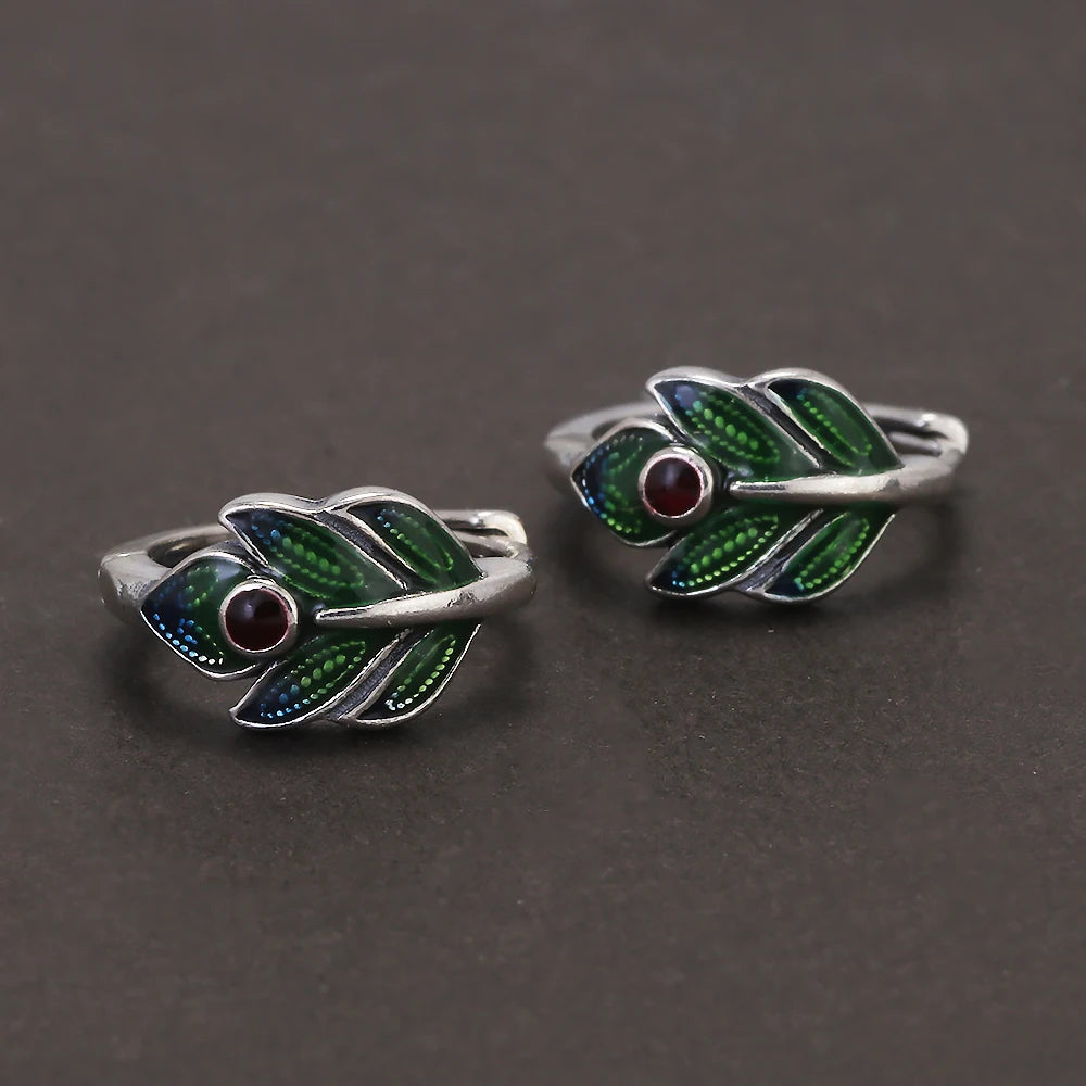 925 Sterling Silver Peacock Feather Ring Earrings for Women Green Color Enameling Vintage Fashion Jewelry Set
