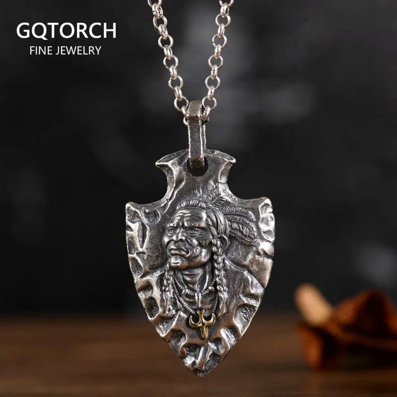 S925 Pure Silver Vintage Indian Eagle Shield Tribal Legend Old Chief Men Pendant Domineering Personality - GQTORCH Jewelry
