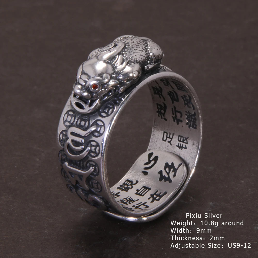 Vintage Pure Silver 999 Six Words Heart Sutra Ring Men's Adjustable Golden Pixiu Vajra Buddhist Religious Fine Jewelry