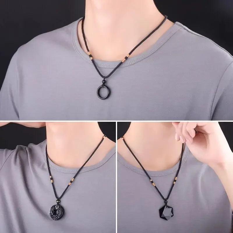 Natural Black Obsidian Onyx Pendant Necklace Lucky Amulets for Men and Women With Rope Chain - GQTORCH Jewelry