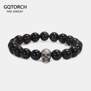 Vintage 925 Sterling Silver Skull Beaded Bracelet Natural Tiger Eye Agate Stone Beads Men Women Couple Fine Jewelry - GQTORCH Jewelry