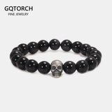 Vintage 925 Sterling Silver Skull Beaded Bracelet Natural Tiger Eye Agate Stone Beads Men Women Couple Fine Jewelry - GQTORCH Jewelry